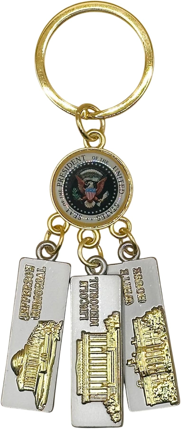 Washington DC Metal Charm Keychain, Pewter Rectangles, Bag Hanger Ring, White House, Capitol, Washington Monument