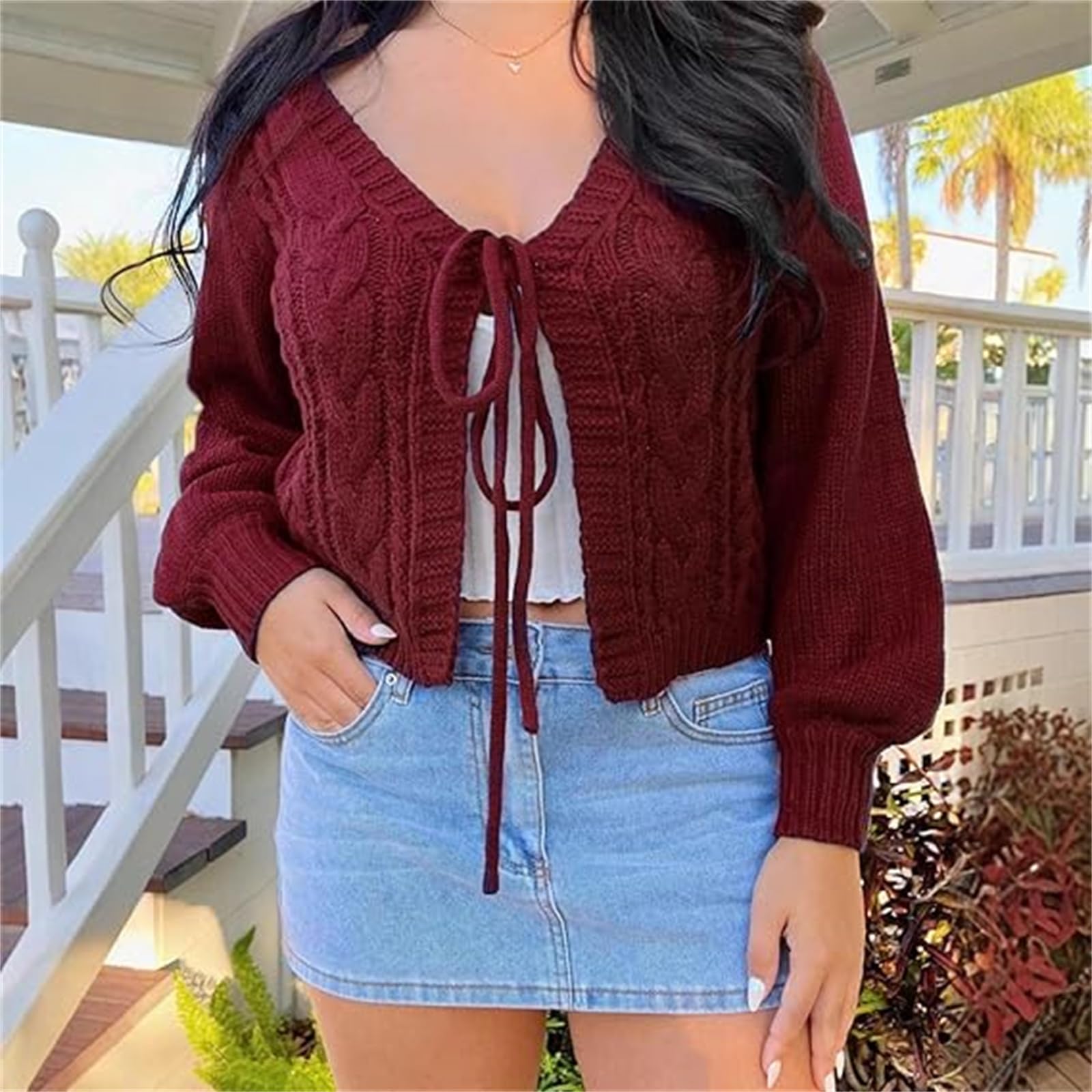 Damen-Cardigan in Unifarben mit überschnittenen Schultern und Bindeband vorne, kurzer, Leichter Cardigan mit Schleife zum Binden, Trendige Strickjacken für den Herbst.