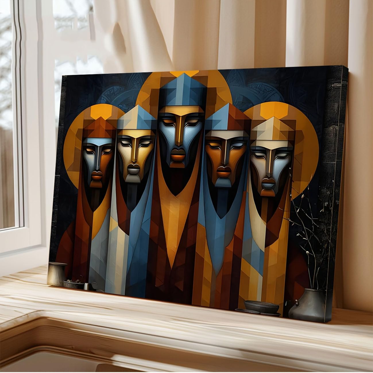 Spxlucau No Frame Abstract Haloed Canvas Wall Art Geometric Portrait Modern Iconography Blue Golden Spiritual Figures(45X90cm/No Frame)