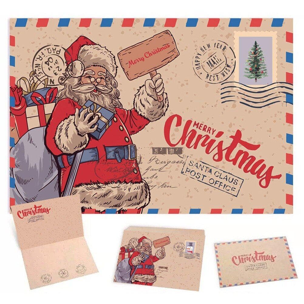 Sanfly Santa Festive Holiday Cards Kraft Paper 10 Sets Merry Christmas Greeting Cards with Envelopes Blessing Cards Envelopes
