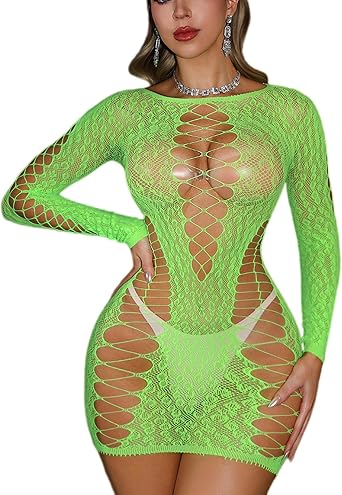 ATHX Womens Sexy Lingerie Fishnet Dress Long Sleeve Mesh See Through Babydoll Hollow Out Chemise Mini Dress Clubwear