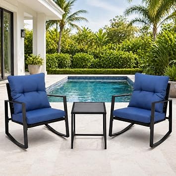 3 Pieces Patio Bistro Set, Outdoor Rocking Chair Set of 2 with Blue Cushions & Glass Side Table, All-Weather Wicker Rocker Furniture for Front Porch Garden Poolside, Navy Blue