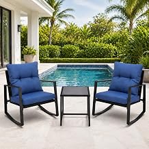 3 Pieces Patio Bistro Set, Outdoor Rocking Chair Set of 2 with Blue Cushions & Glass Side Table, All-Weather Wicker Rocker Furniture for Front Porch Garden Poolside, Navy Blue