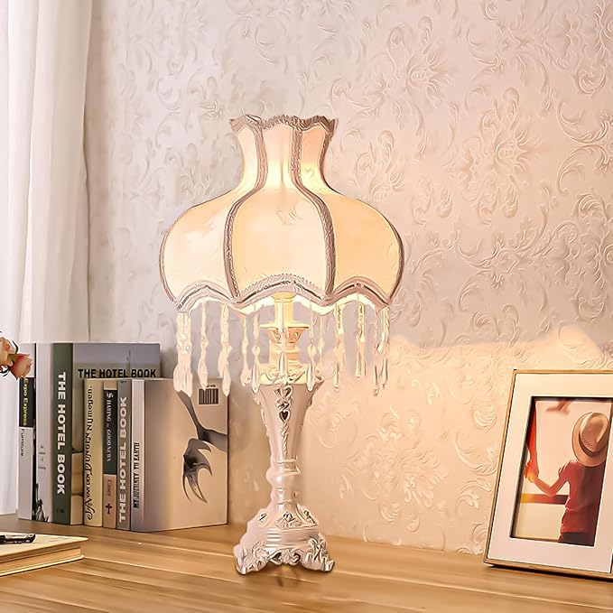 JHMYOB White Victorian Style Table Lamp Art Deco European Lamp with Lace Traditional Fabric Tiffany Table Lamp for Bedroom Living Room Office (E27 110V 13inch) photo 2