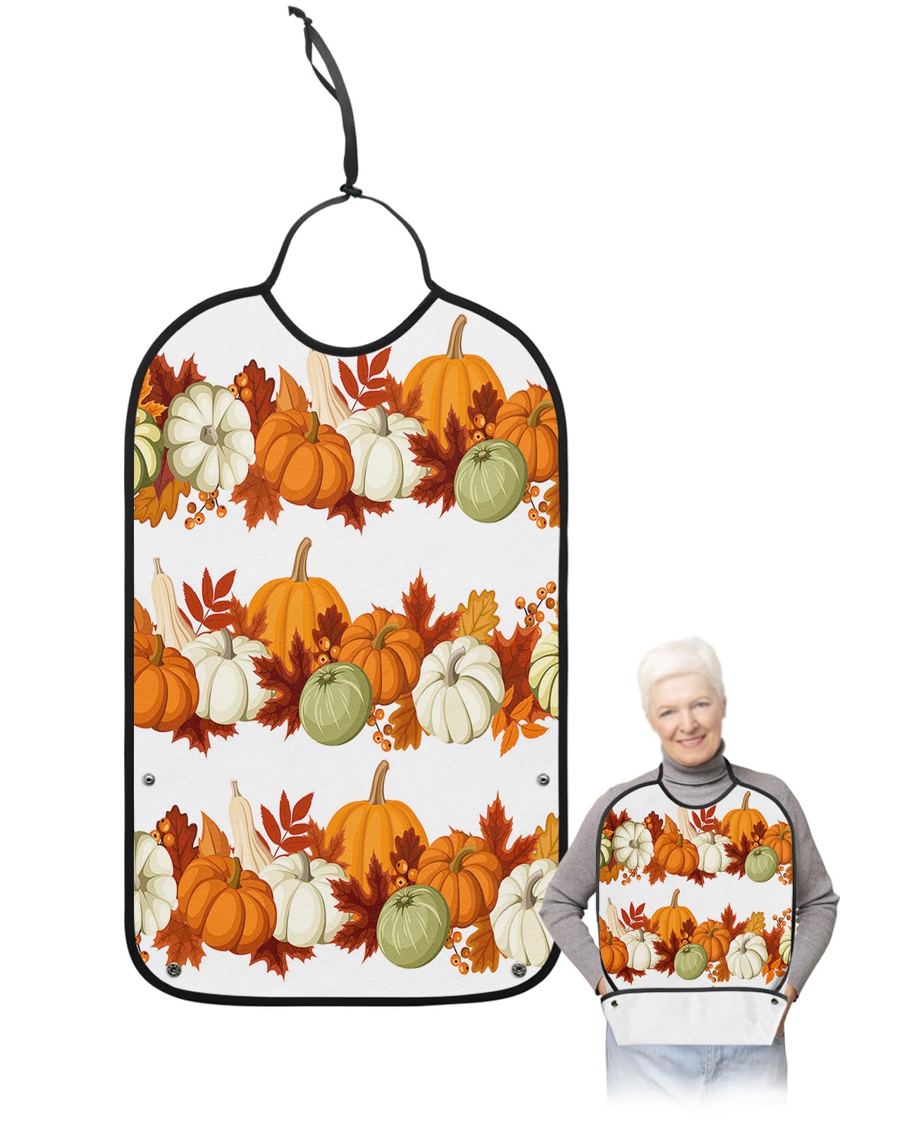 LEOKOTI Thanksgiving Adult Bibs for Eating, Waterproof Bibs with Food Catcher & Adjustable Snap Closure, Farmhouse Pumpkin Fallen Leaves Washable Clothing Protectors Adult Bibs for Elderly Women/Men