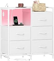 Somdot White Nightstand with Charging Station, App-Controlled LED Lights & 5 Fabric Drawers – Bedroom Dresser for Dorm, Kids Room
