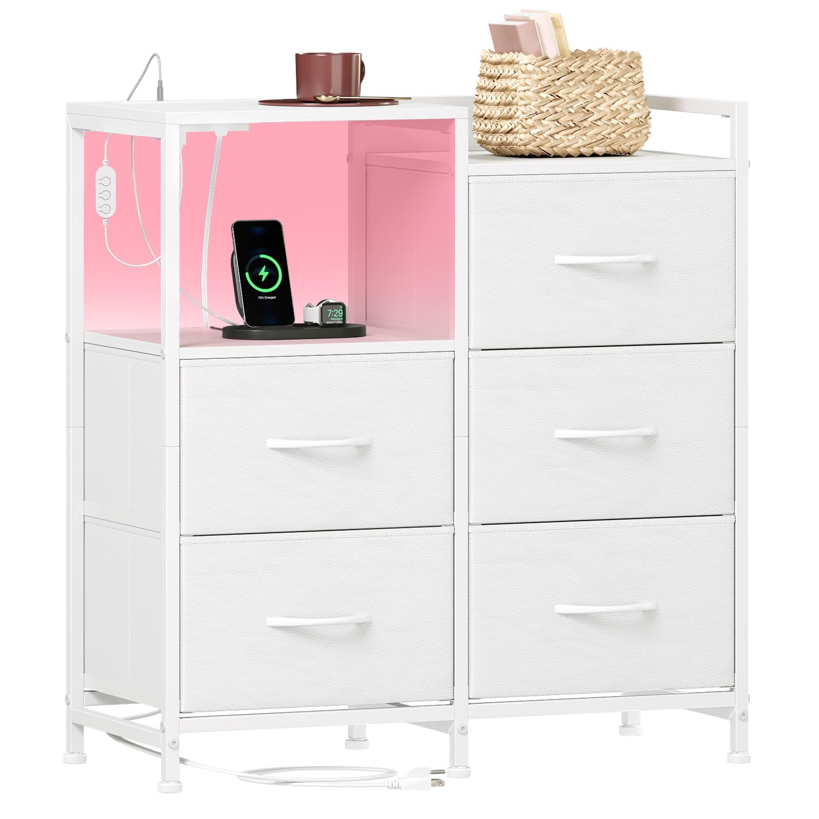 Somdot Chest of Drawers Bedroom with Charging Station and LED Light, 5 Drawers Storage Unit with 2 Outlets and 2 USB Ports, Storage Cabinet for Kids Dorm Living Room Closet, White Leather — image 1