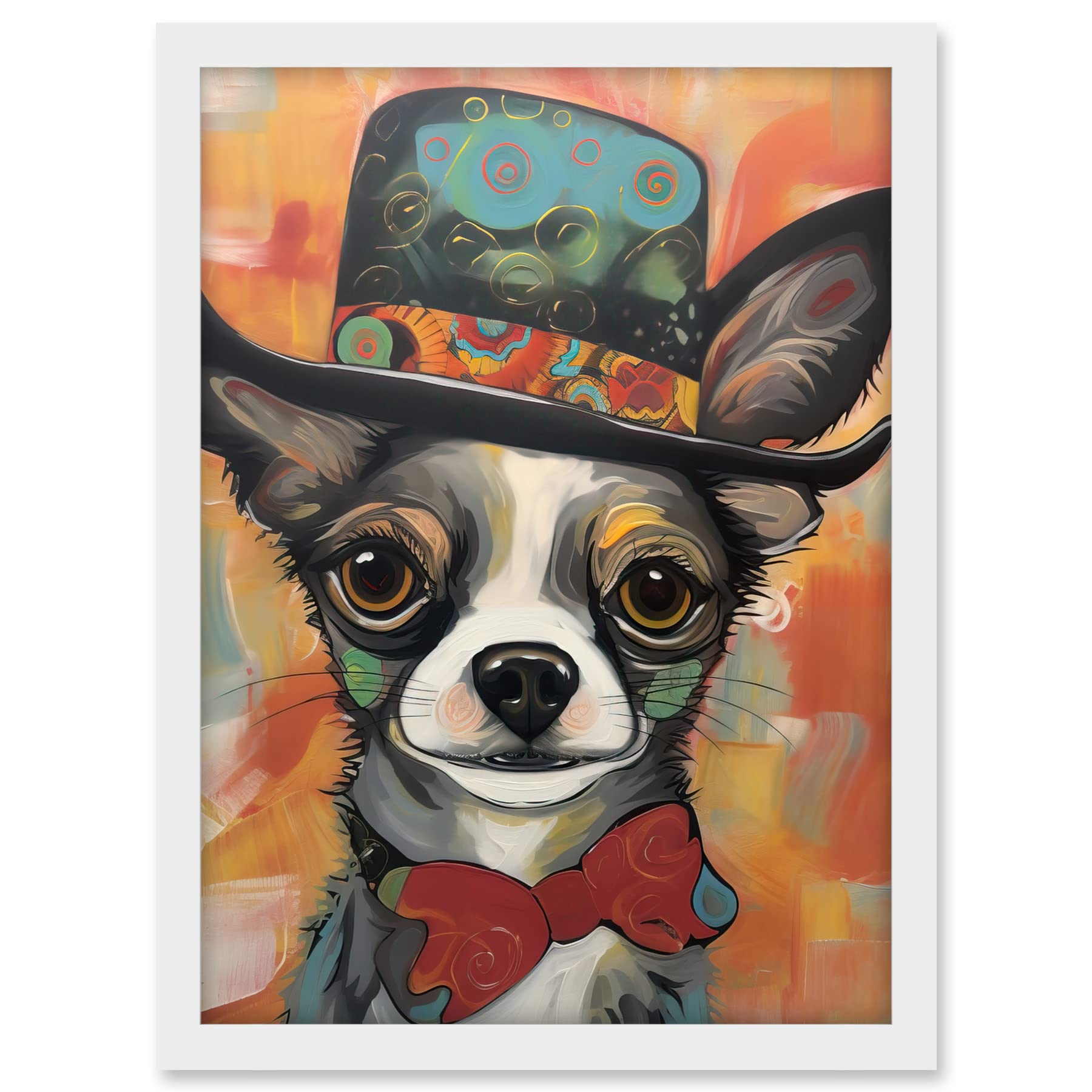 Artery8 Chihuahua Dog Top Hat and Bowtie Modern Folk Art Artwork Framed A3 Wall Art Print