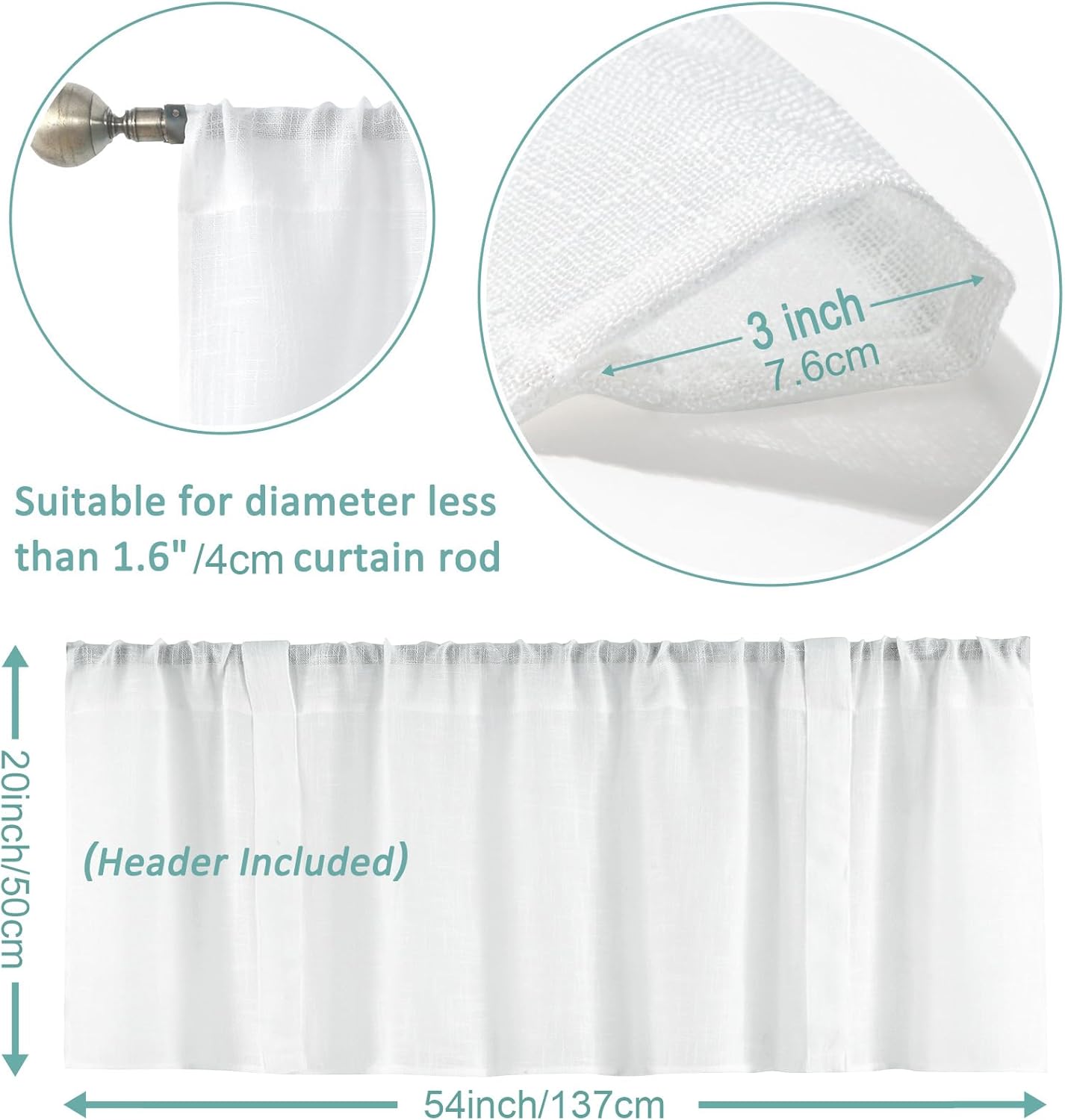 Home Queen White Semi Sheer Tie Up Curtain Valances, Linen Textured, Rod Pocket Balloon Window Topper for Living Room, 54 X 20 Inch, 4 Pieces