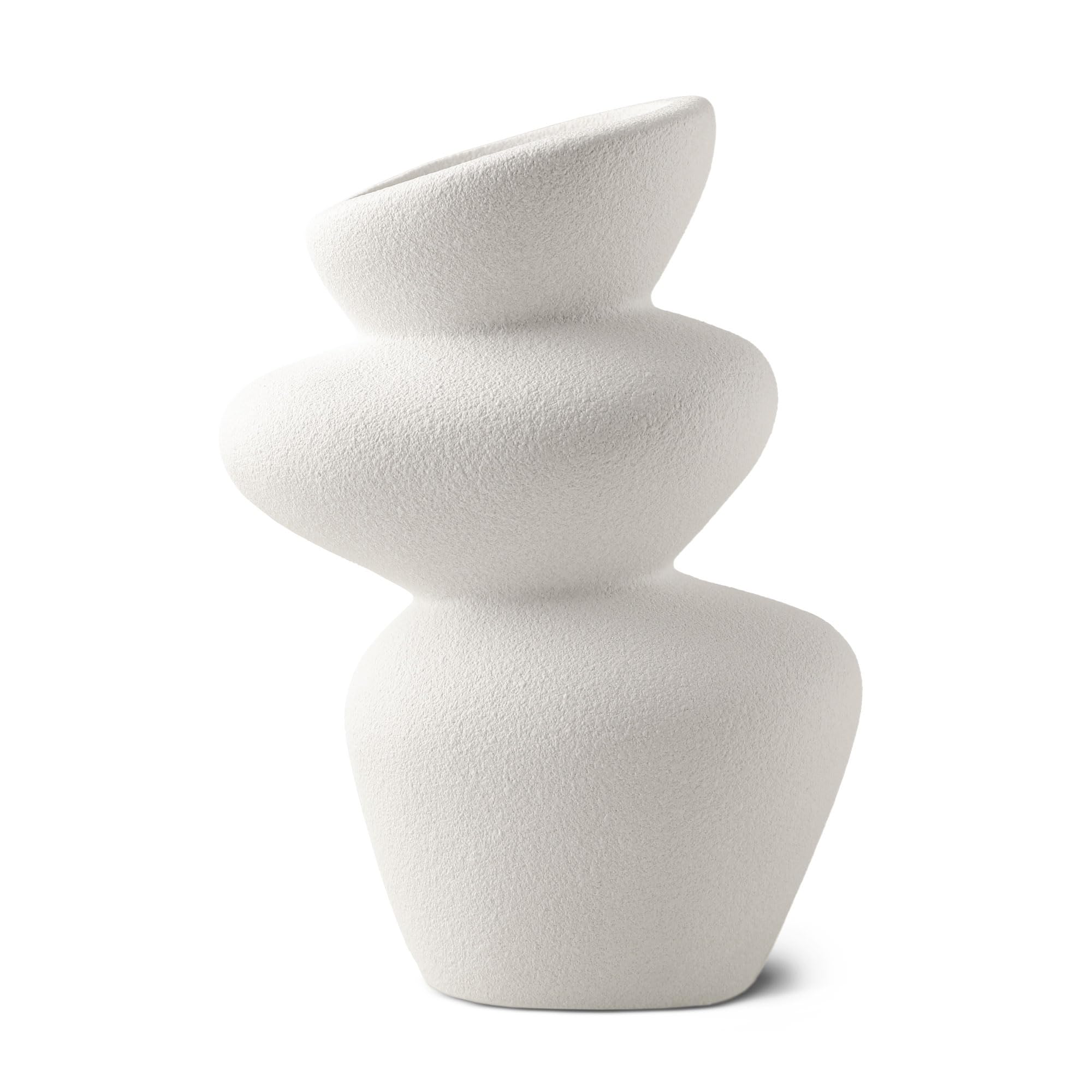 Peuz White Stone Tower Ceramic Vase - Sculptural Ceramic Vase With Rough Stone Texture For Dried Flowers, Pampas Grass, Fresh Flowers Or Decorative Object, Handmade, Matt Approx 20Cm