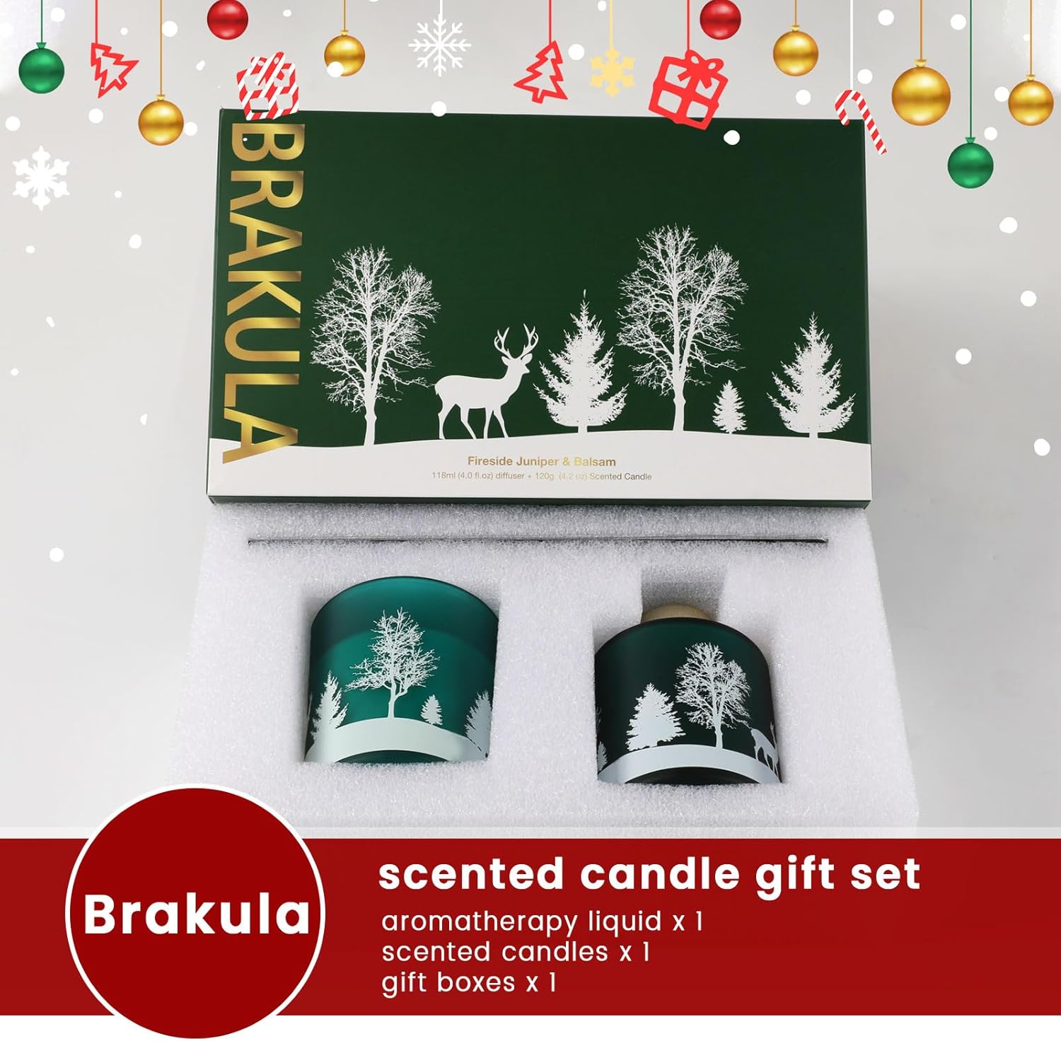 Brakula Christmas Reed Diffuser and Candles Set, 2 Pack/Total 8 oz, Fireside Juniper & Balsam Scented, 6 Diffuser Sticks with Christmas Bottle Design, Home Decor Bedroom Living Room Office - Image 5