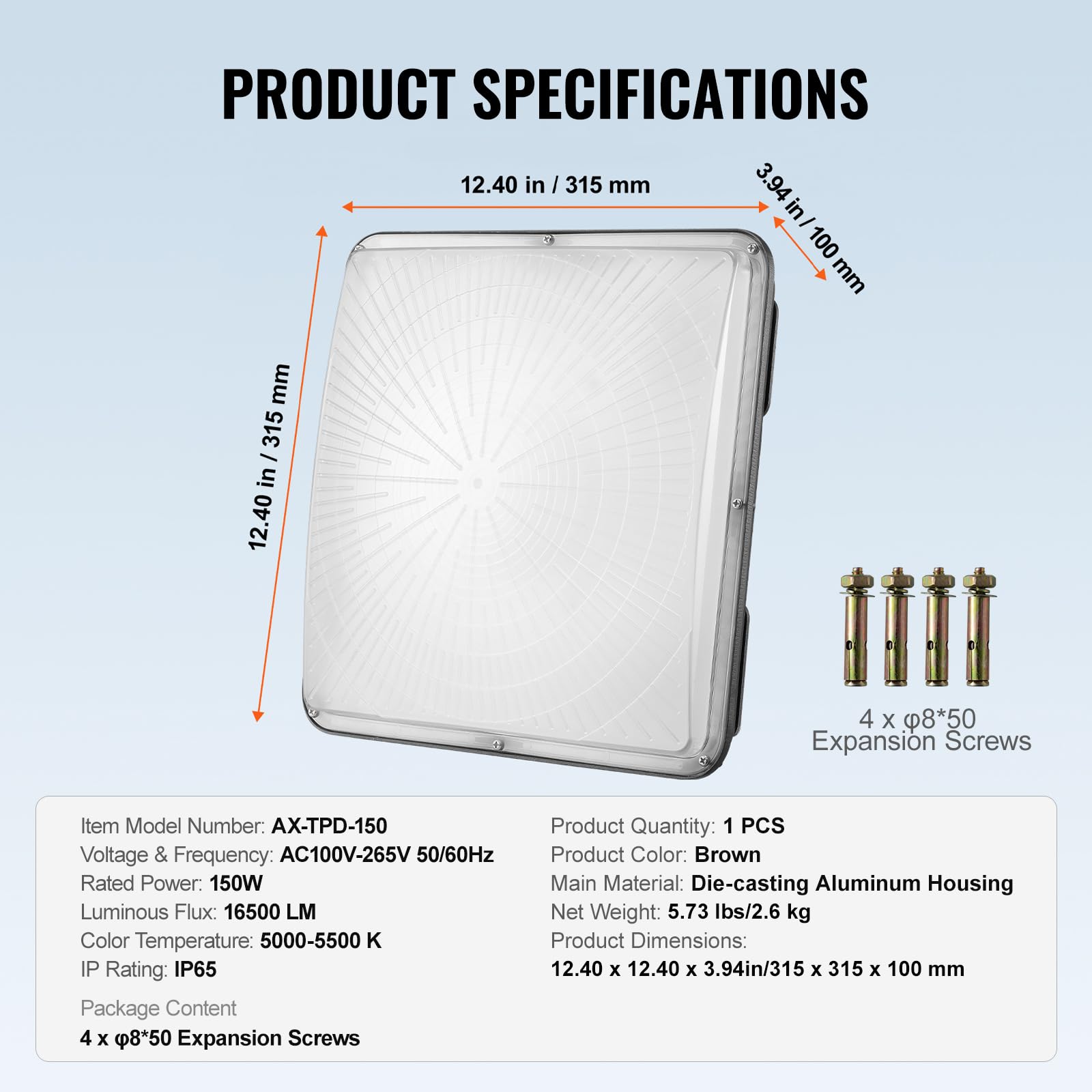 VEVOR Lampa warsztatowa LED, 150 W, lampa sufitowa garażowa, 16500 lm, 5000 K, 31,5 x 31,5 cm, montaż powierzchniowy, oświetlenie sufitowe IP65 do stacji benzynowych, magazynów, fabryk przemysłowych,