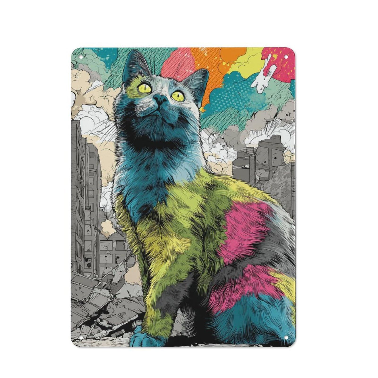 Junmoney Style-17 Giant Cat In Destroyed Cityscape Outdoor Room Metal Wall Decor 40X30cm, Rustic Tin Sign For Shed, Garden Room, Porch Or Garage