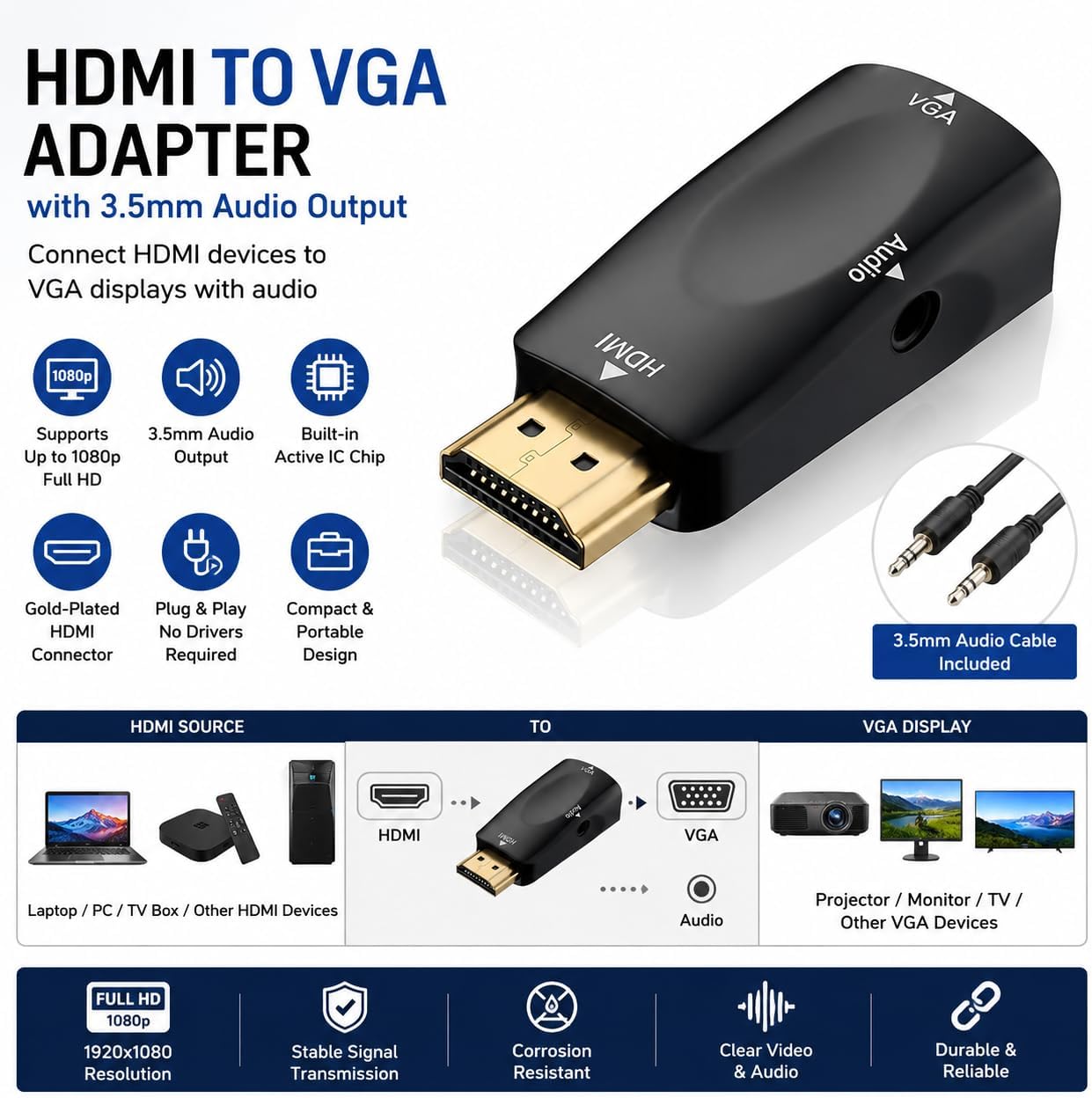 Master Cables Gold-Plated HDMI to VGA Adapter with 3.5mm Audio Cable, HDMI Male to VGA Female 1080P Full HD Video Converter for PC, Laptop, TV Box, Monitor & Projector