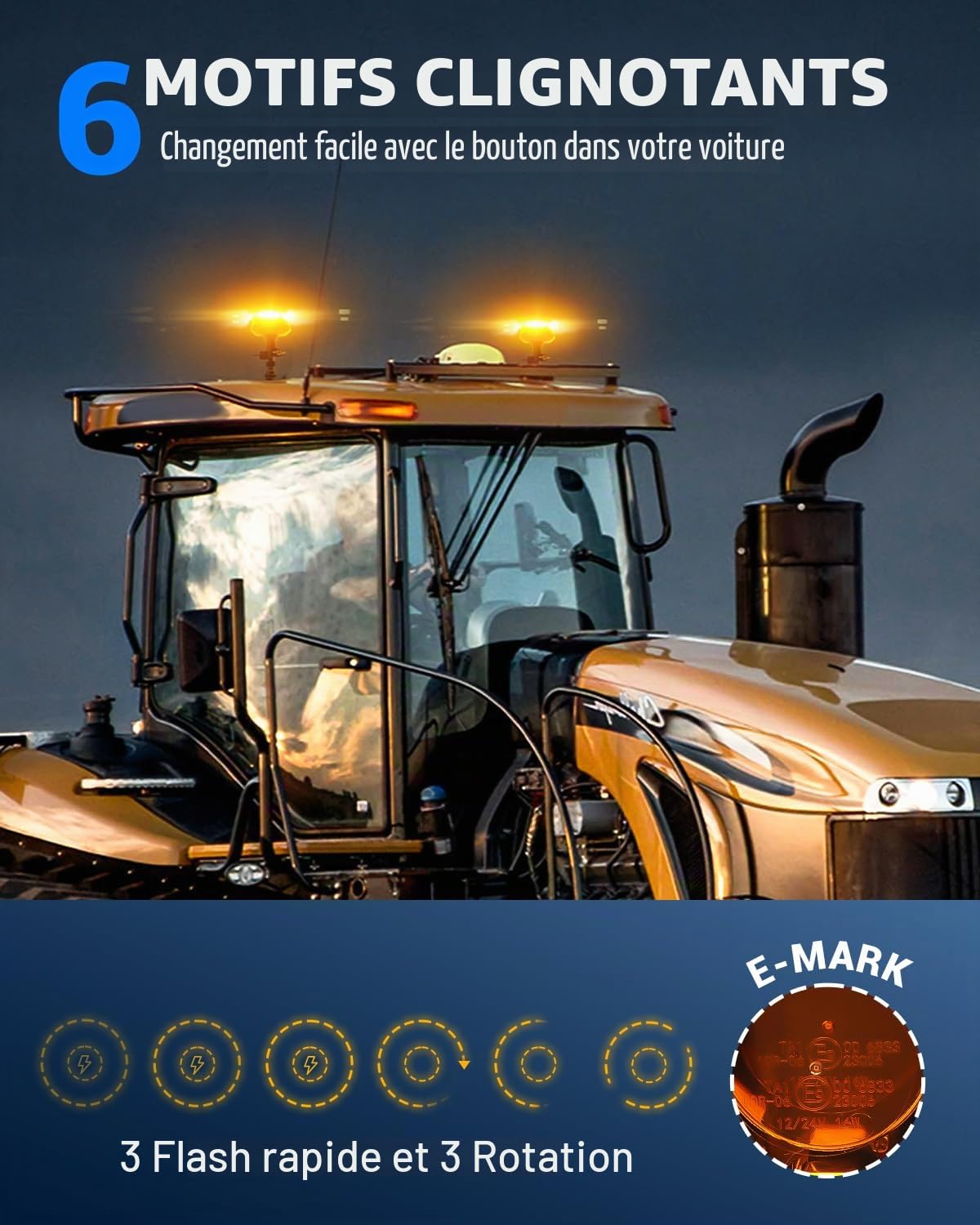 SUPAREE Lumière Stroboscopique LED Gyrophare LED 12/24V Gyrophare led Rotatif avec E9 6 Modes de Flash IP67 Étanche 16W Ambre pour Véhicules Agricoles Camion Chariots Élévateurs