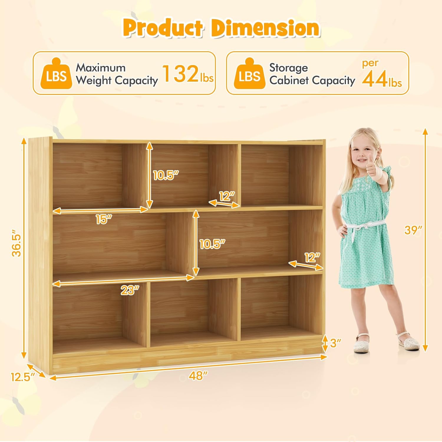 HOMGX Kids Montessori Shelf, 8-Cube Wooden Toy Storage Organizer, 3 Tier Open Kids Bookshelf for Classroom, Bedroom & Playroom, Yellow, CB10403