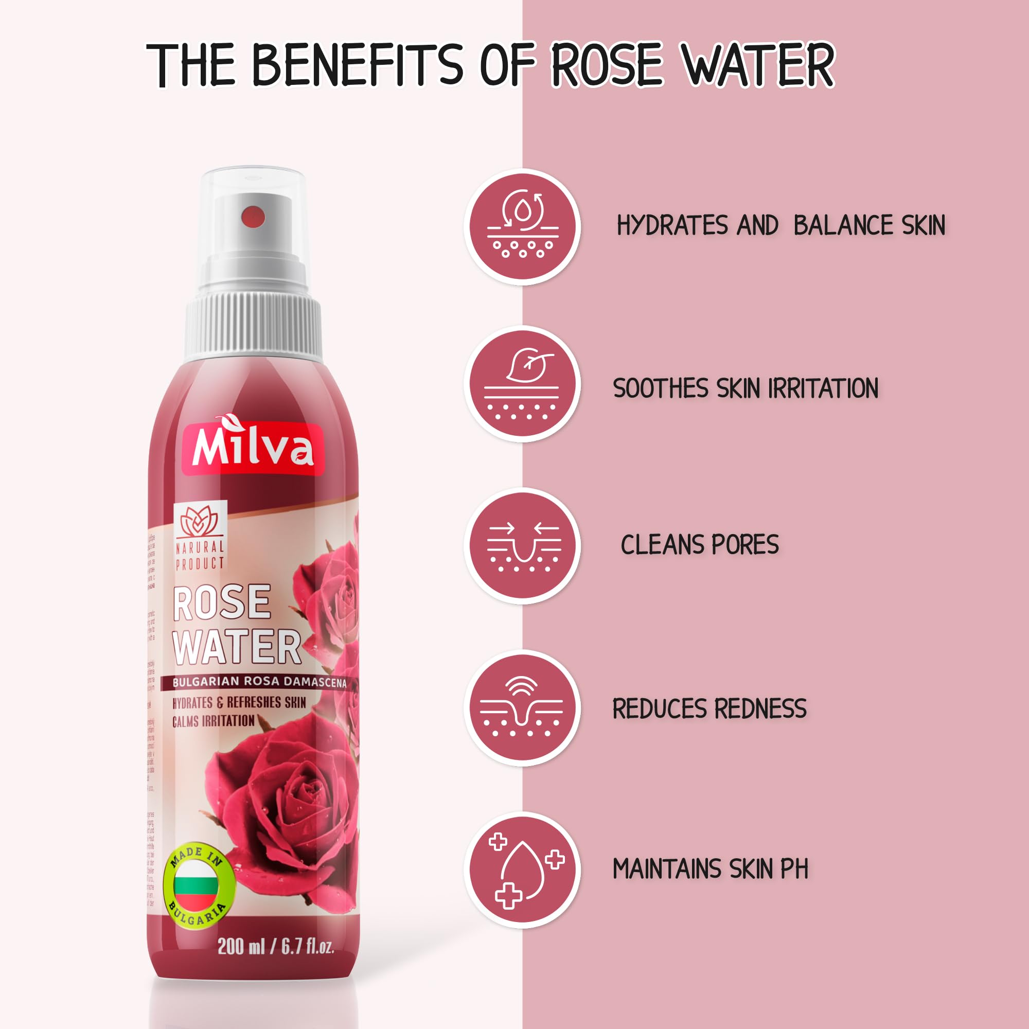 Milva Acqua di Rose Spray Idratante per Corpo e Viso, 200 ml – Tonico Spray Rinfrescante con Olio di Rosa Damascena Bulgara – Struccante Senza Alcol – Acqua di Rose Naturale anche per Capelli