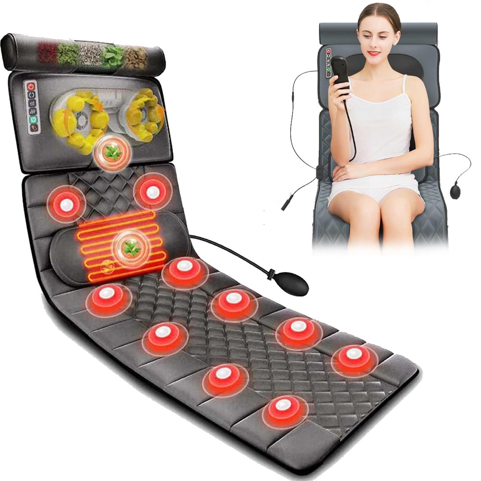 Esterilla de masaje con calor, 10 nodos vibratorios, esterilla de masaje de cuerpo completo con almohadas ajustables, almohadillas térmicas, cojín de silla de masaje plegable para relajación de l
