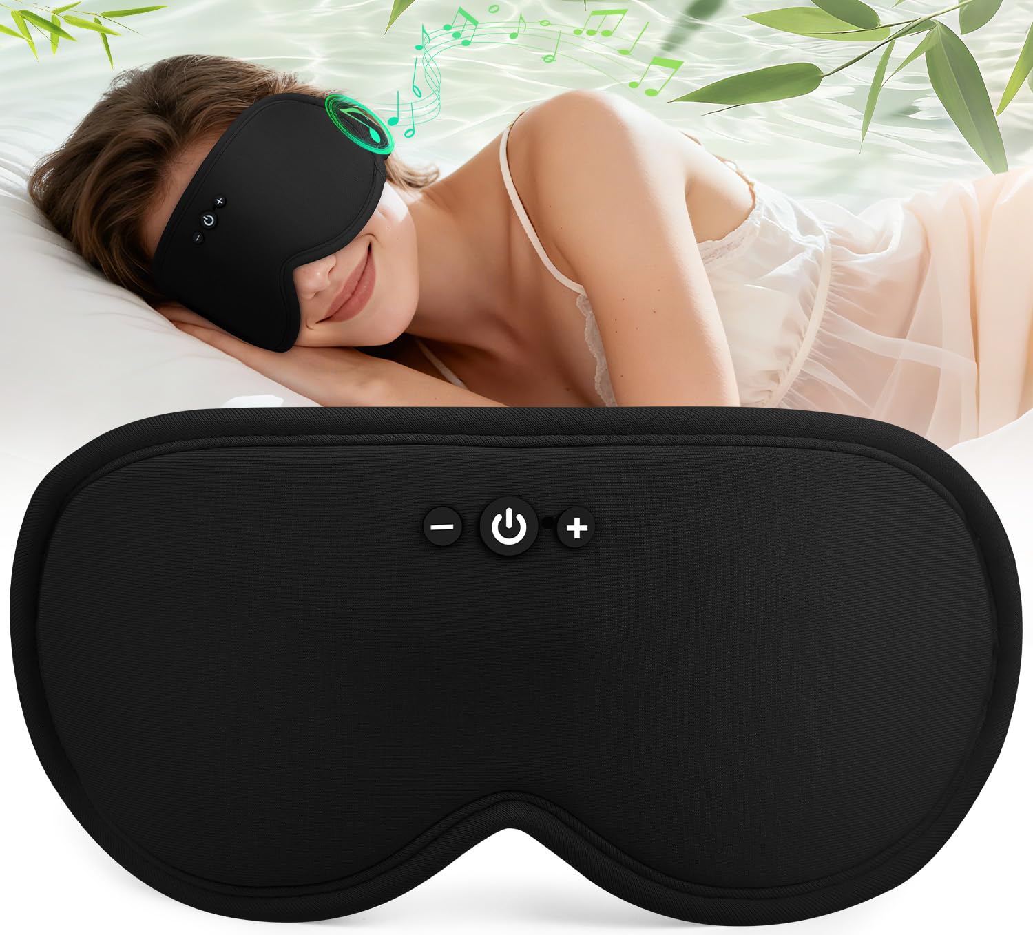 MUSICOZY Bamboo 3D Bluetooth Sleep Mask Headphones, Ultra-Soft Bamboo Fiber Wireless Sleep Headphones, Ultra-Thin Speakers, Double-Layer Detachable