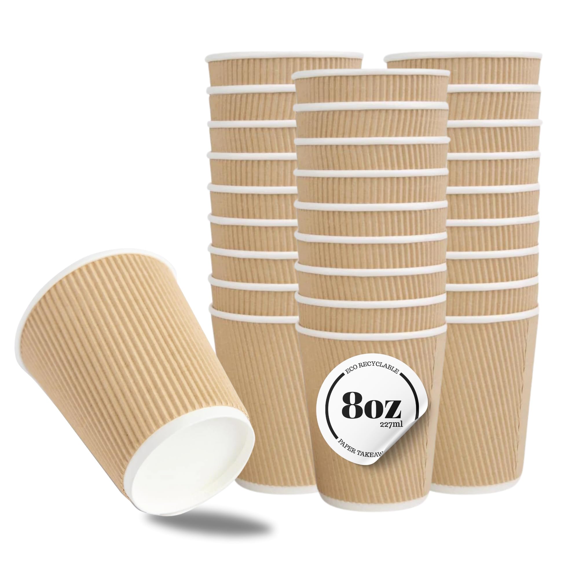 CaterCo 8oz Kraft Ripple Wall Coffee Cups - 50 Pack Triple Insulated Cups for Hot Drinks, Tea - Recyclable, Brown Paper Cups for Cafes, Takeaway, Office, Events - 8oz / 237ml - 50 Pack