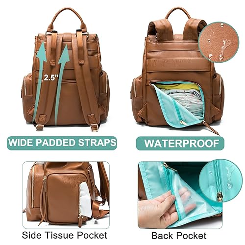 Miniatura 10 de Mochila para pañales Mominside, mochila de cuero para mujer, bolsa de bebé de viaje con 15 bolsillos para registro de bebés, cambiador, gran