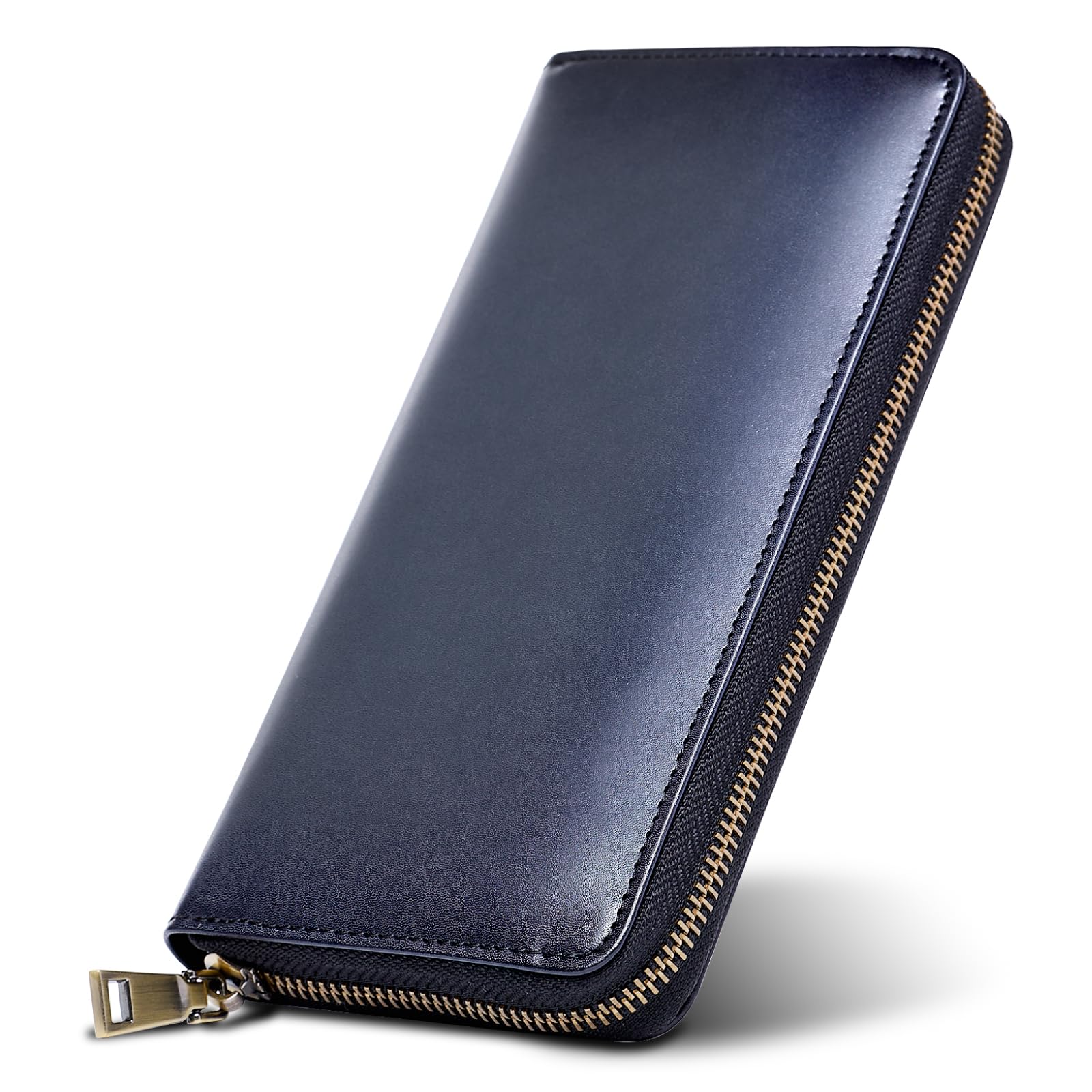 Tokyo Shimomachi Kobo Men's Long Wallet, Genuine Leather [Hand-Dyed Finish], Made in Japan, Gradient Leather, High-Quality, Slim, Large Capacity, Card Storage, Round Zipper, Gift, Present, Black : Clo