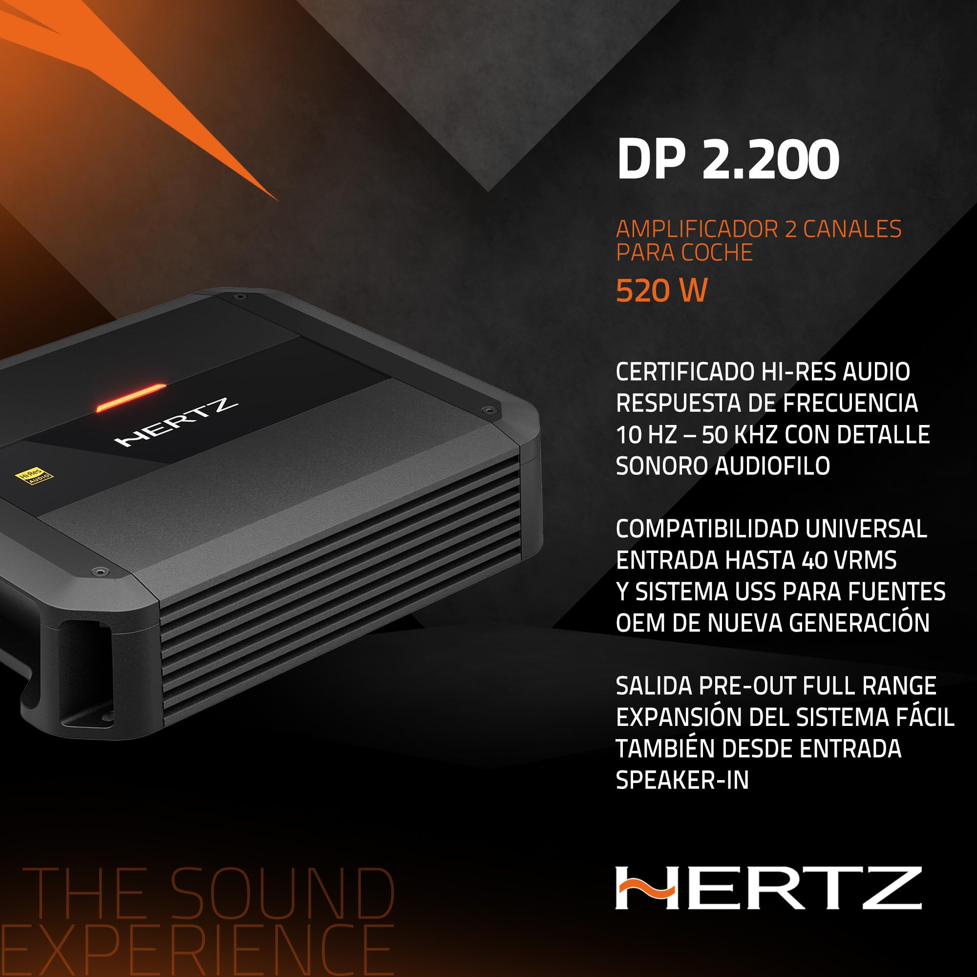 Hertz Dieci Power DP 2.200 Amplificador de 2 Canales 2x110 W a 2 Ohm | clase AB, THD 0,01%, S/N 100 dB, filtro ajustable, entradas de alto y bajo nivel, bass boost ajustable