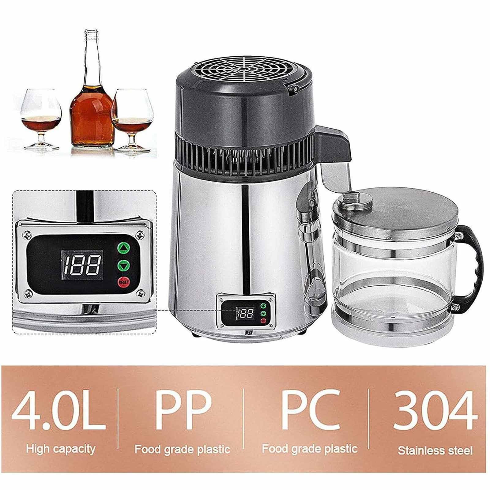 Destilador De Agua De 4 L, Destilador De Agua Pura con Pantallas De Temperatura Dual, Máquina De Agua Destilada De 750 W con Recipiente De Vidrio,220V