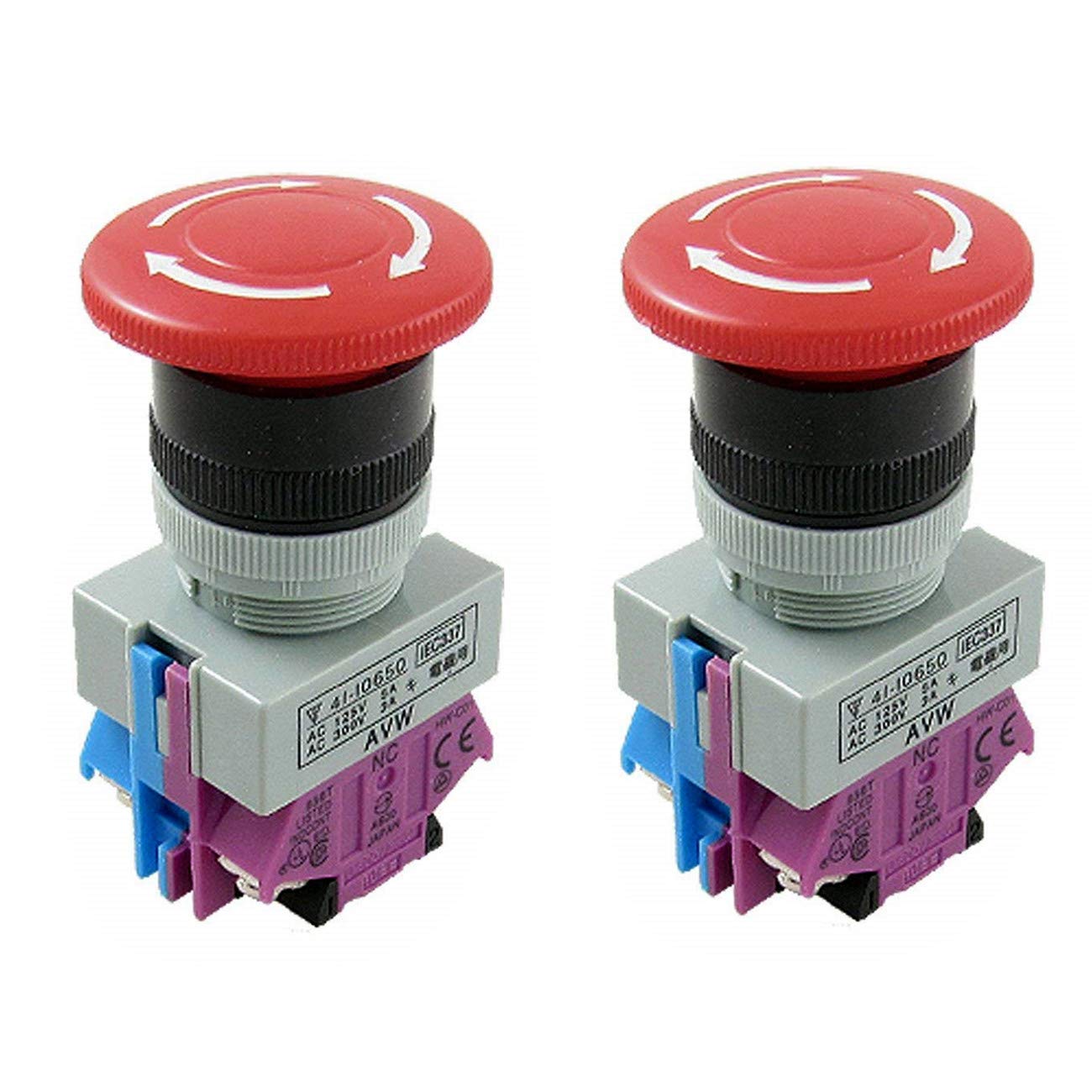 HLin 2Pcs AC 600V 10A Red Mushroom Emergency Stop Push Button Switch 22mm NO NC