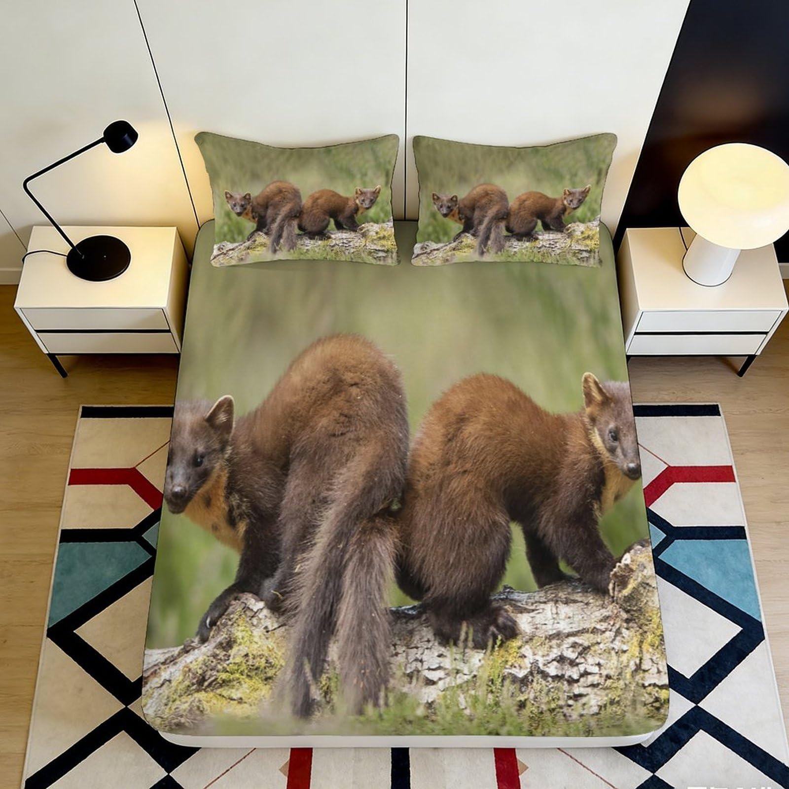 3D Printed Pine Marten Fitted Sheet Microfiber Soft Durable 3D Printed European Pine Marten Bed Cover for Bedroom Dormitory Guest Room Mattress Protection 180x200x25cm