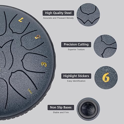 Miniatura 2 de Tambor de lengua de acero con 11 notas de 6 pulgadas con bolsa de tambor, libro de música, mazos de tambor, soporte para mazo, púas de dedos y