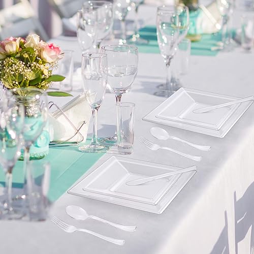 Miniatura 6 de Rtteri Juego de 250 platos cuadrados de plástico desechables, platos cuadrados de plástico para fiestas, incluye 50 platos llanos, 50 platos de
