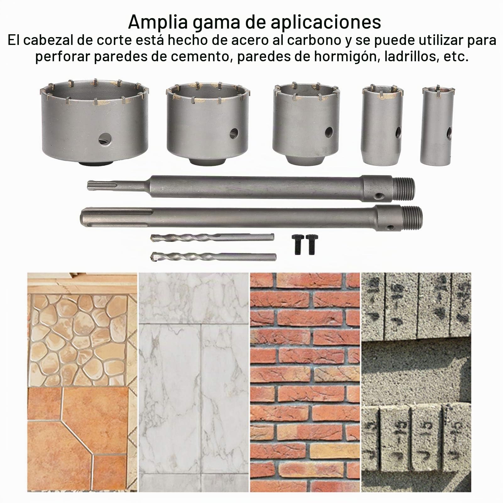 Juego de Brocas para Hormigón, 9 Piezas, Taladro para Taladro de Núcleo, Broca Hueca, 30 Mm, 40 Mm, 65 Mm, 80 Mm, 100 Mm, para Mampostería, con Adaptador de Extensión SDS-Plus, para Taladro Percutor,