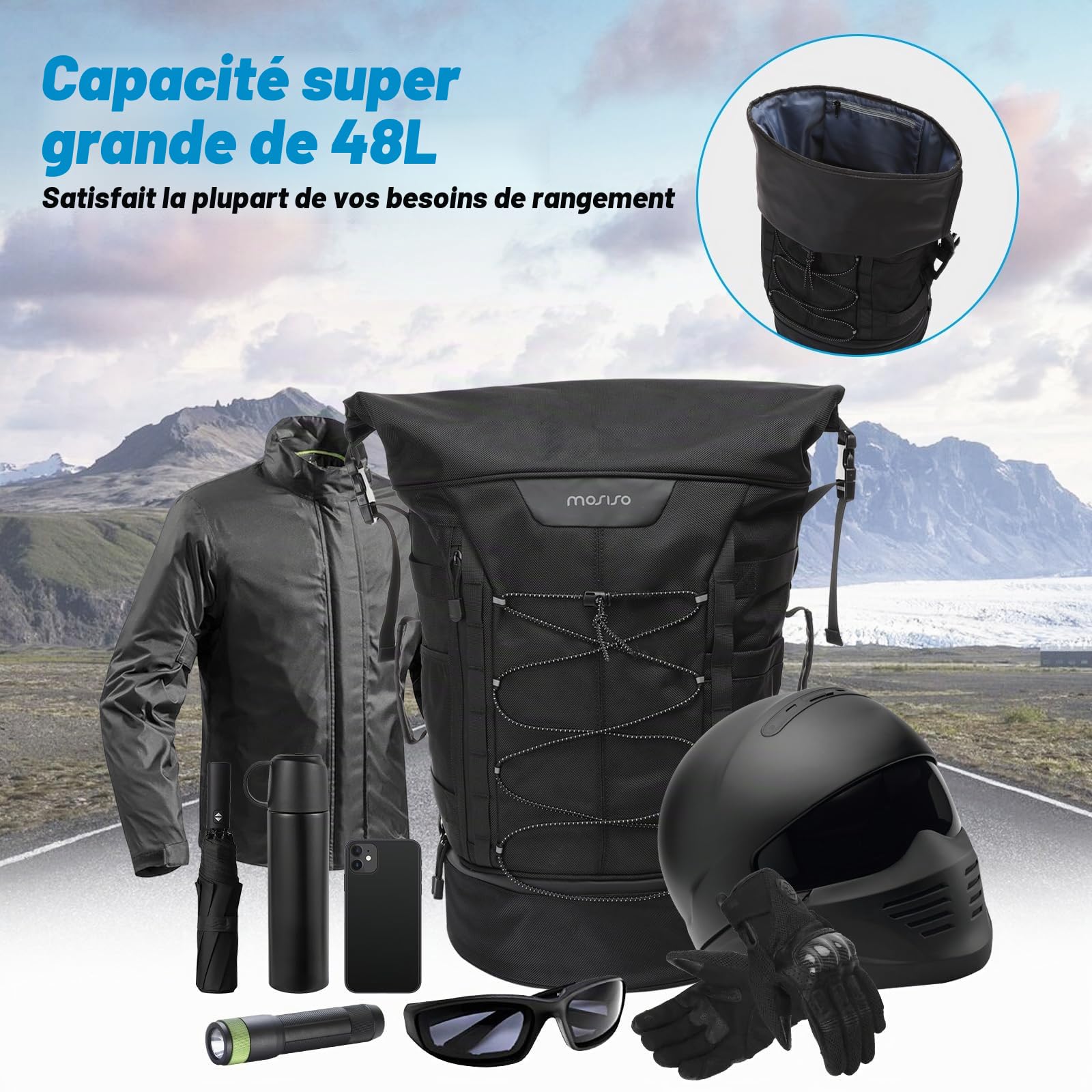 MOSISO Sacoche Arrière de Moto Bagages de Voyage, Grande Capacité Valise Duffel Extensible 30L-48L, Sac pour Équipement de Moto avec Housse Pluie & Ceinture d'Épaule,Noir