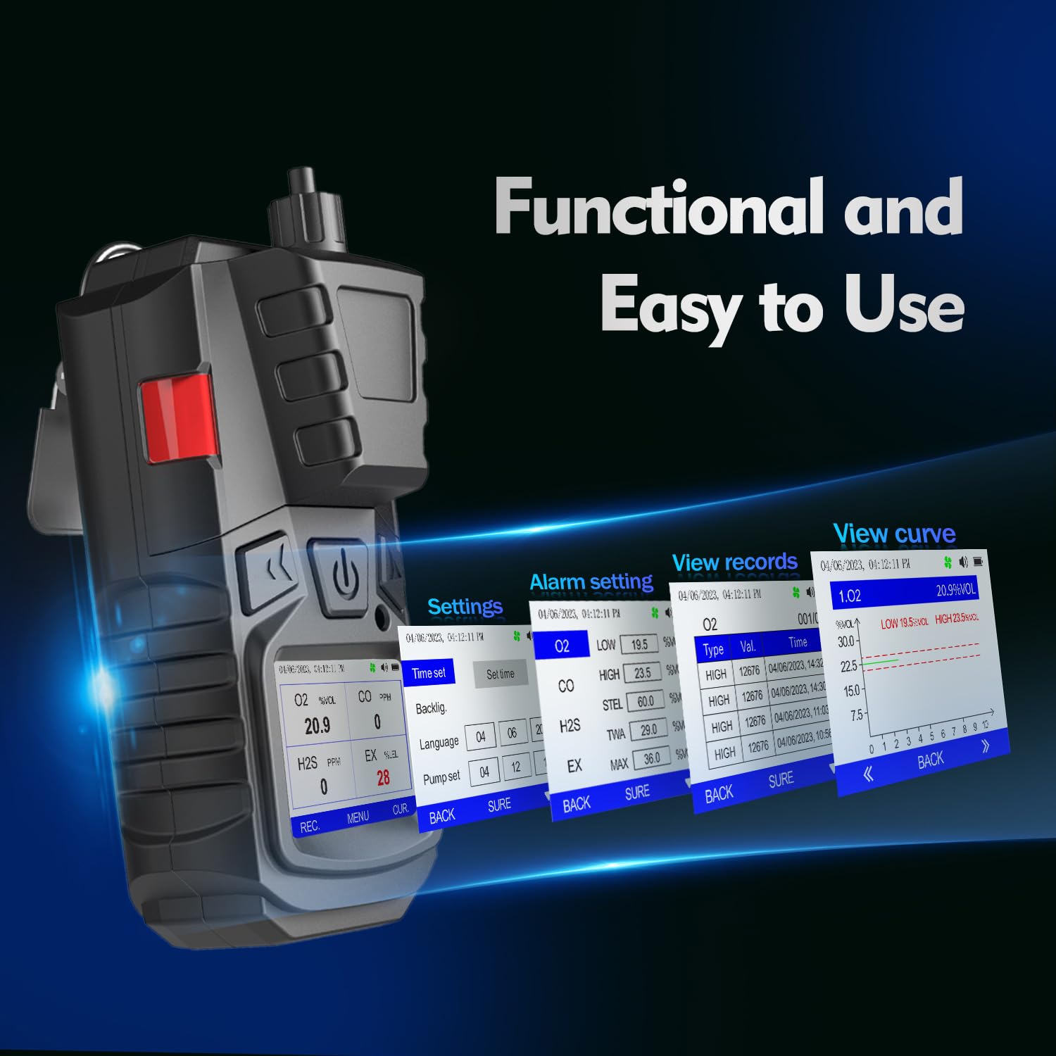 Gasmelder mit Pumpe, 4 Gasmonitor Multi Gasdetektor CO EX O2 H2S Meter | 3000 mAh wiederaufladbarer 4-Gasmonitor mit Kalibrierungsset, tragbares LCD-Display mit Clip, Kanalgasdetektor, 4 Gaszähler