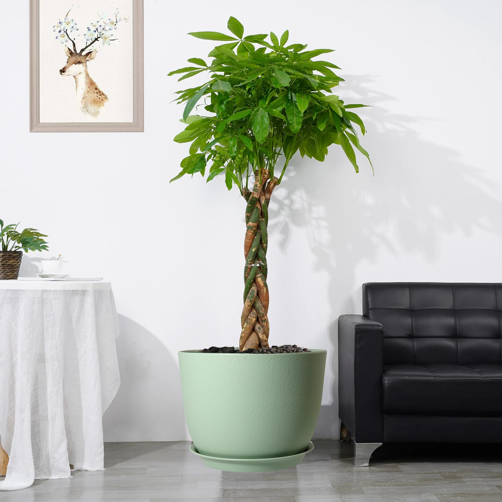 UOUZ Maceta grande de 12 pulgadas, moderna maceta de plástico con agujeros altos y platillo para plantas y flores de jardín en interiores y exteriores, color verde