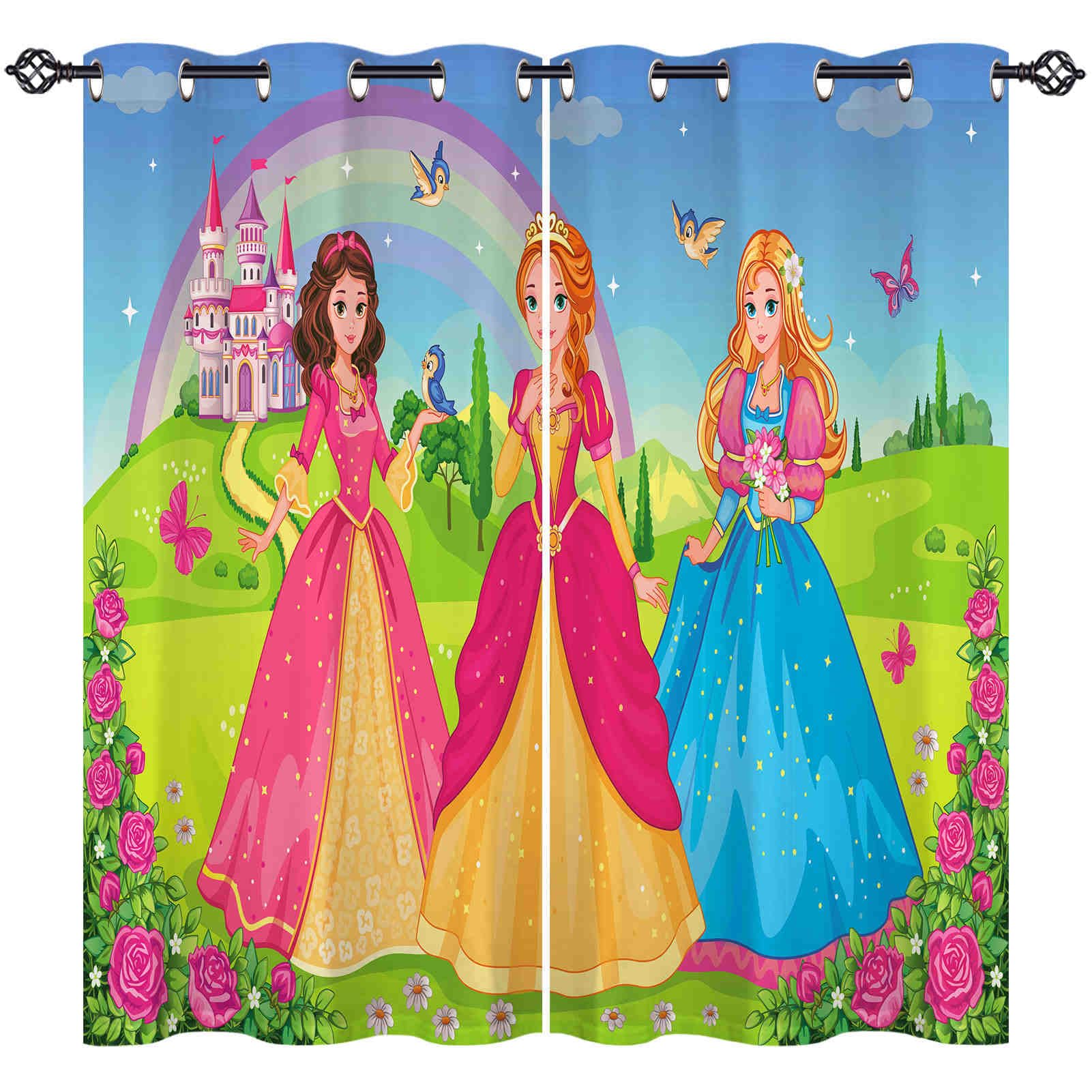 ANHOPE Princess Curtains Eyelet 80% Blackout Room Darkening Curtains Princesses Rainbow Castle Print Pattern Light Blocking Window Drapes for Kids Girls Bedroom Living Room 55 x 69 Inch 2 Panels