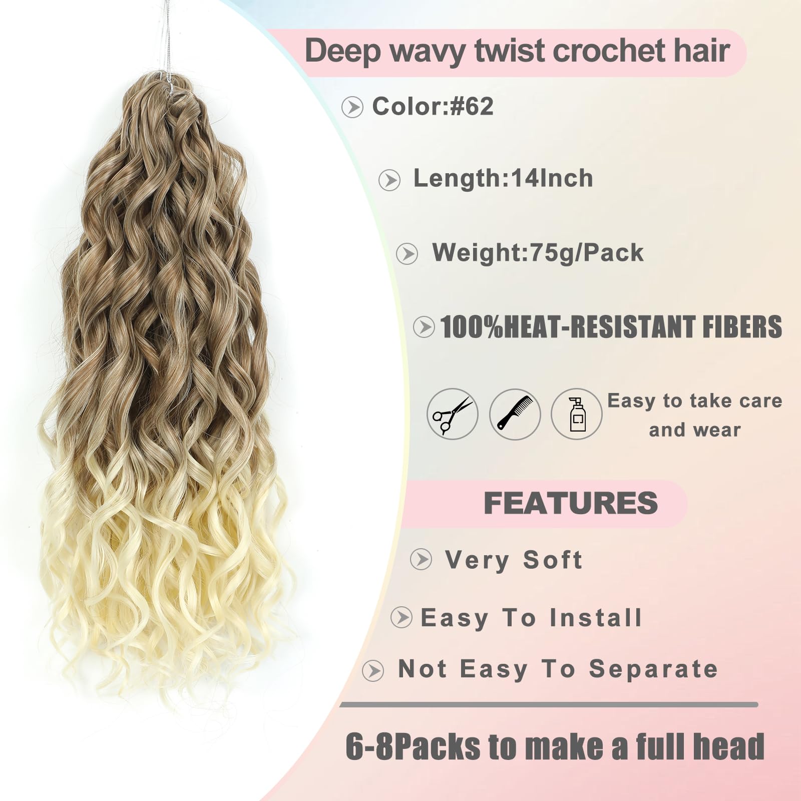 FANWYFYU 6Packs Deep Wavy Twist Crochet Braids Hair 14Inch French Curly Braiding Hair Pre-Looped Long Bohemian Crochet Hairs Water Wave Synthetic Curly Hair Extensions for Women and Girls (#62) - Image 2
