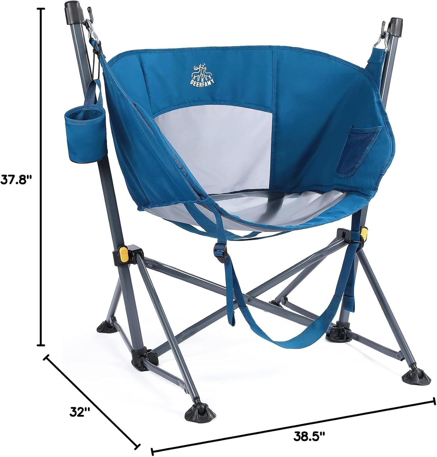Image displaying the dimensions of the DEERFAMY Hammock Chair: 37.8 inches height, 32 inches depth, and 38.5 inches width.