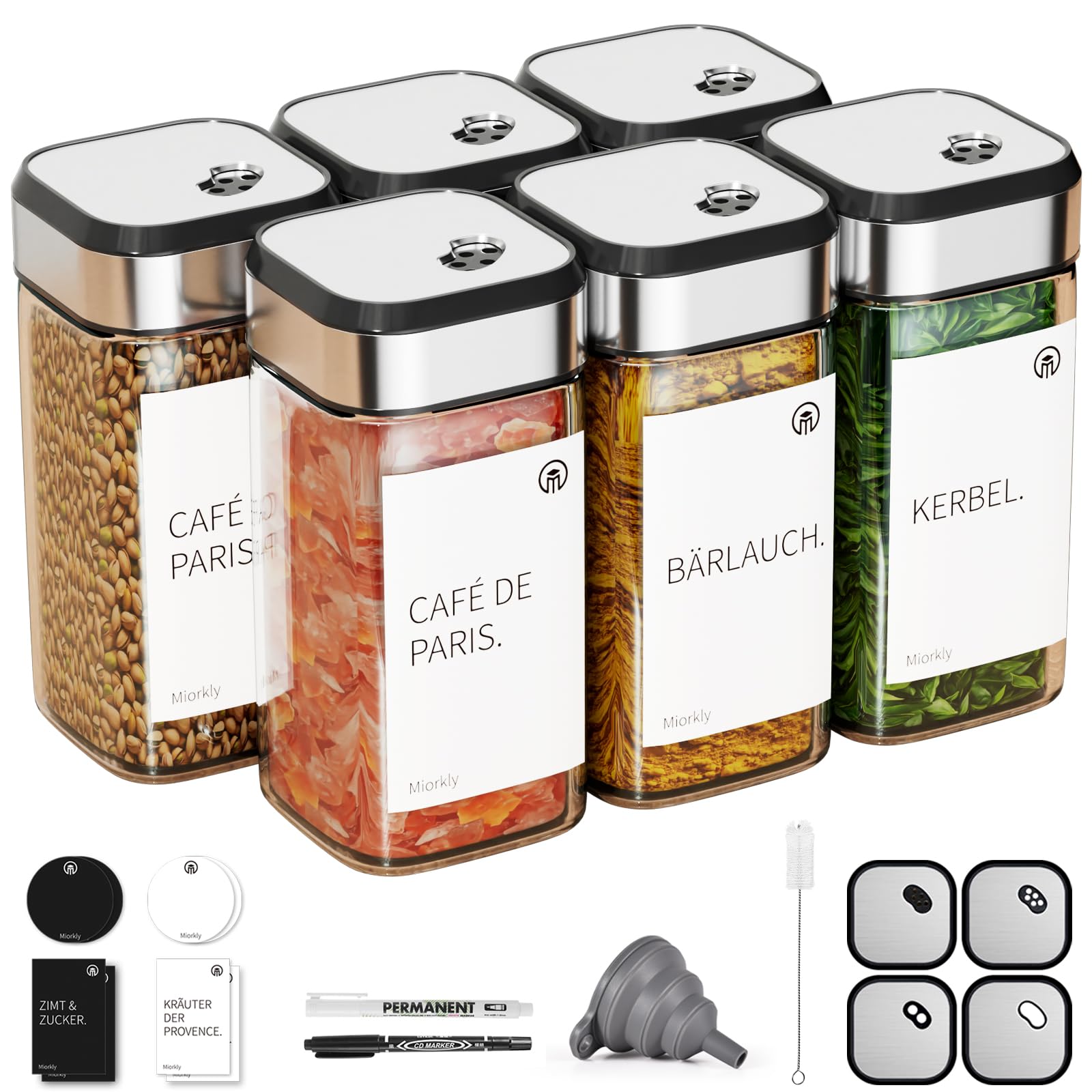 Miorkly Gewürzgläser Eckig mit Streueinsatz 12er, Gewürzstreuer Glas 120 ml-Gewürzdosen Set-Gewürz Organizer-Gewürzbehälter mit drehbarem Gewürzlochdeckel mit Etikett-Gewürzglas Spice Jars