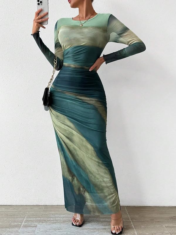 MARZXIN Women Long Sleeve Maxi Dress Bodycon Ruched Formal Slim Fit Tie Dye Dress Formal Mesh Dress color156 M by MARZXIN - Used condition - Image 2