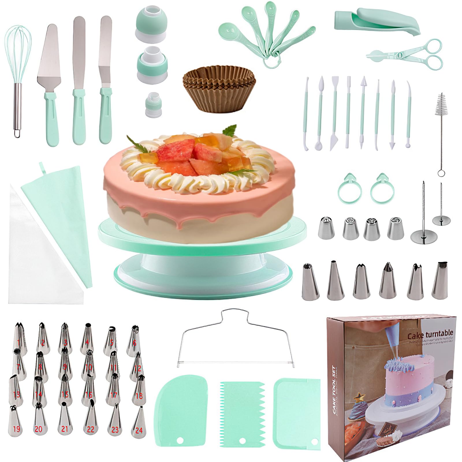 ROELLY 322-delige cake-accessoireset, roterende cakebakvorm, taartdecoratieaccessoires, met verschillende stijlen decoratietips, bakken en taart maken