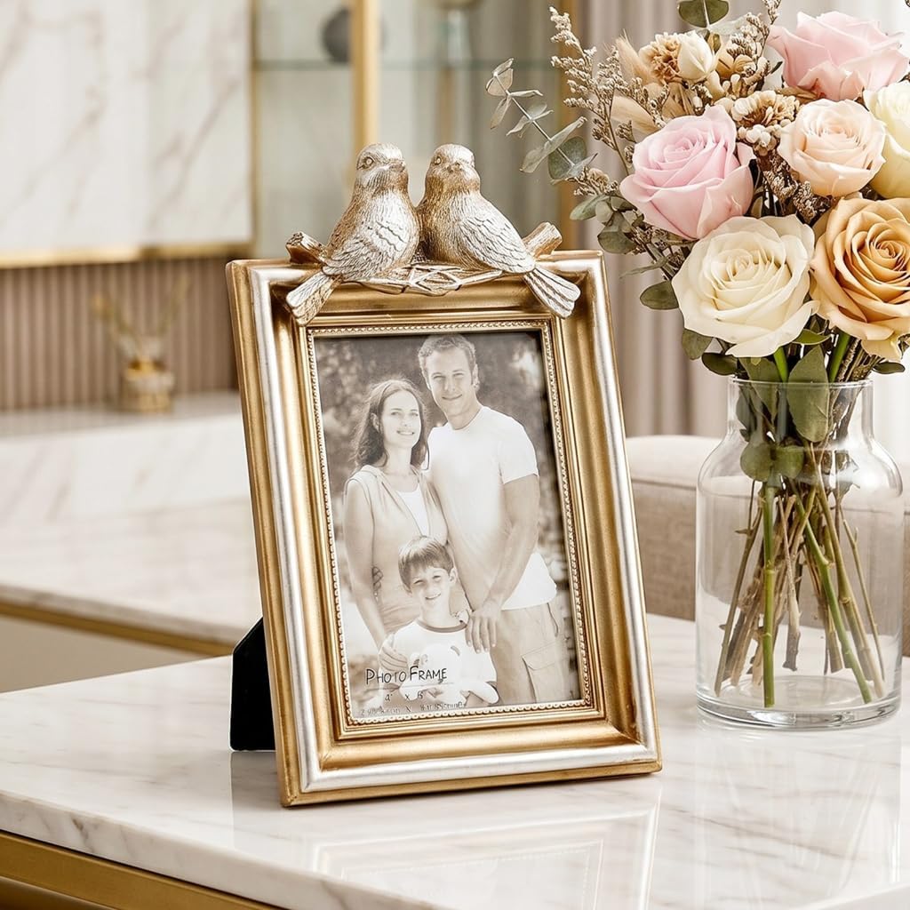 European Resin Photo Frame with Handcrafted Bird Detail Ideal for Living Room