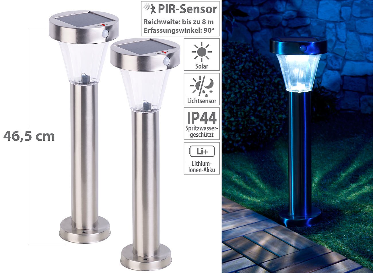 Lunartec Gartenleuchten: 4er-Set Solar-Wegeleuchte, Edelstahl, Bewegungs- & Licht-Sensor, IP44 (Pollerleuchten, Gartenwegbeleuchtung, Laterne)