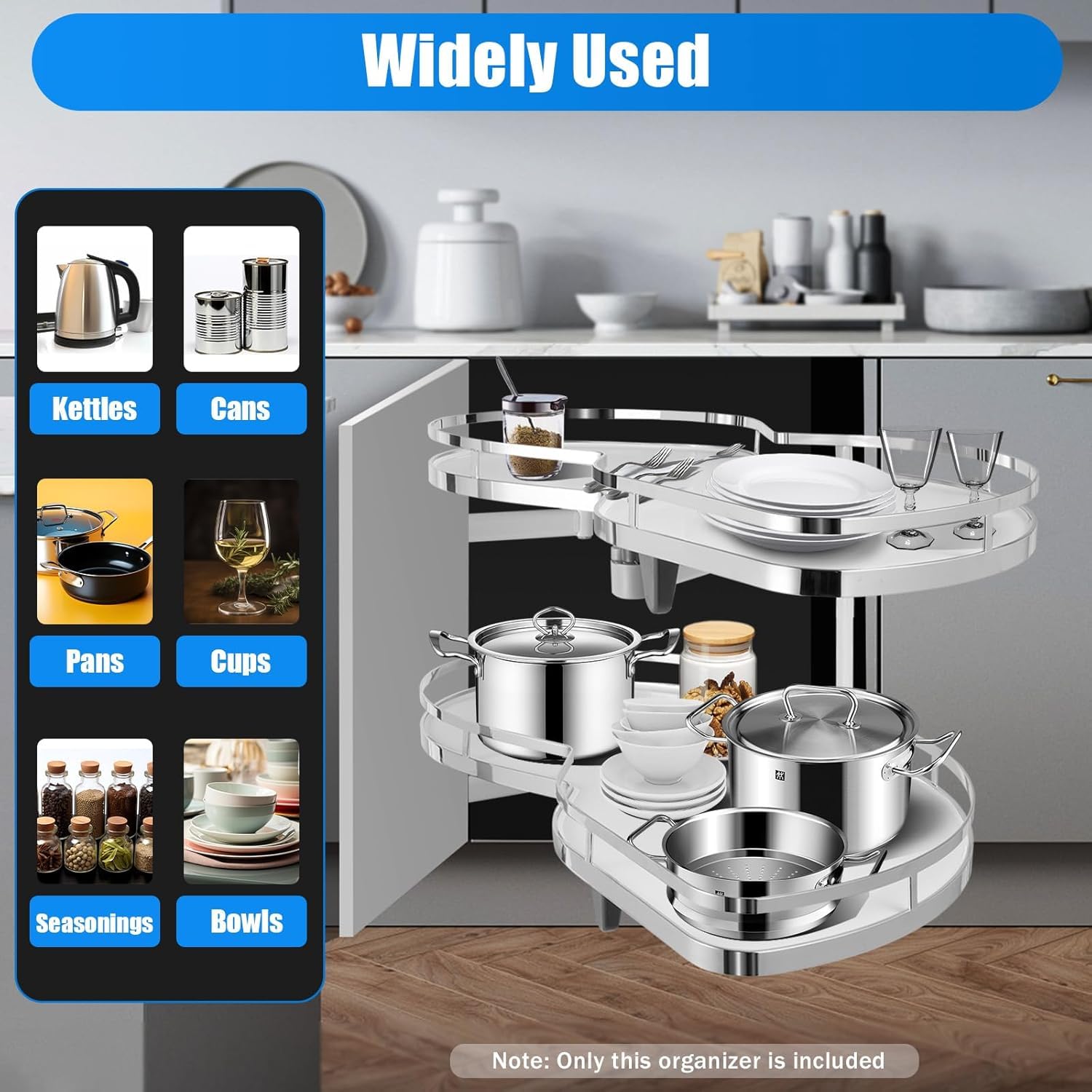 Organiseur d'angle coulissant à 2 niveaux pour espace de 900 à 1000 mm, carrousel extractible pour un rangement efficace de la cuisine