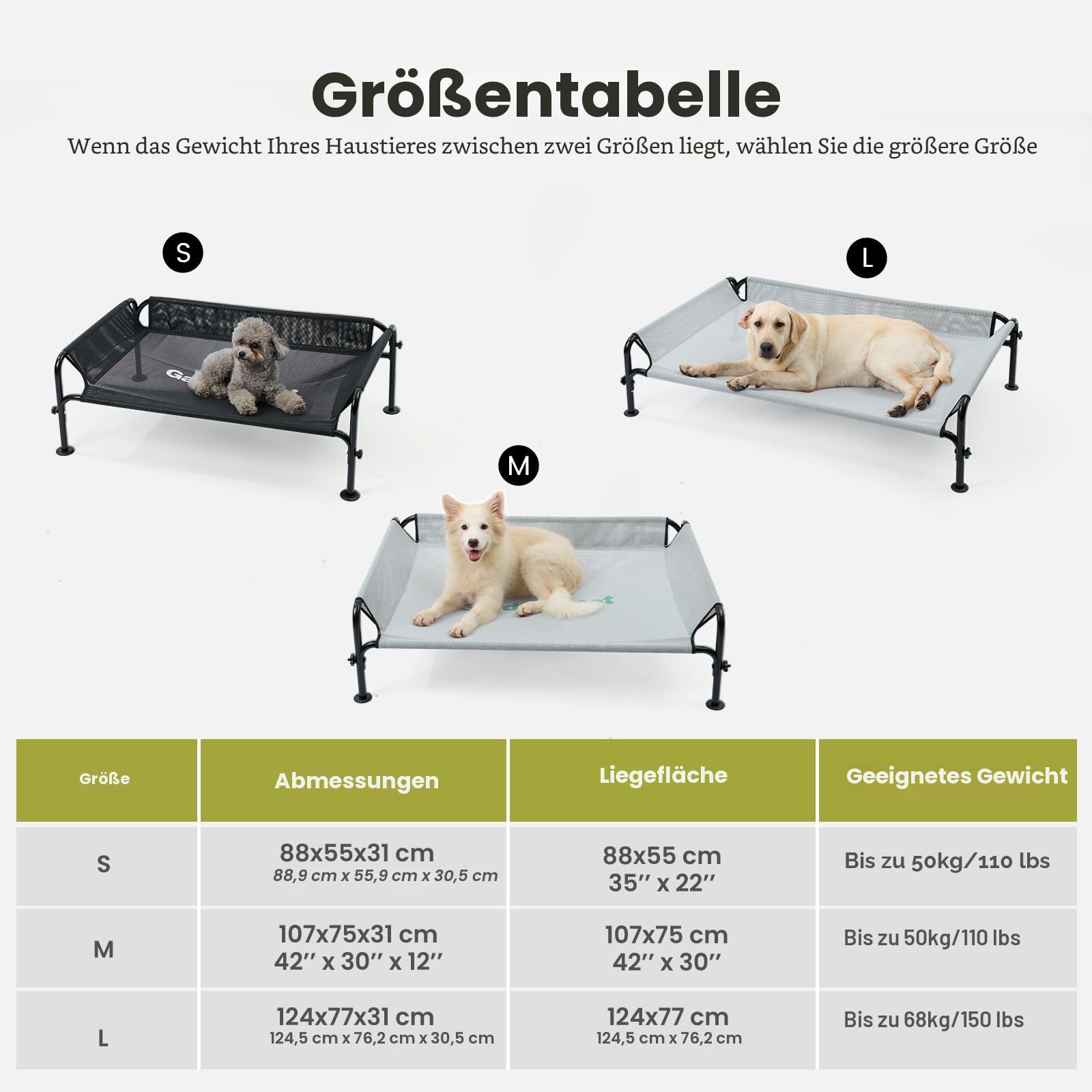 Gardner Pet Hundeliege Outdoor, Schwarz, L, 125 x 78 x 31 cm | Erhöhtes Haustierbett, Kühlend, Waschbar, Robuste Luftzirkulation, Für Draußen