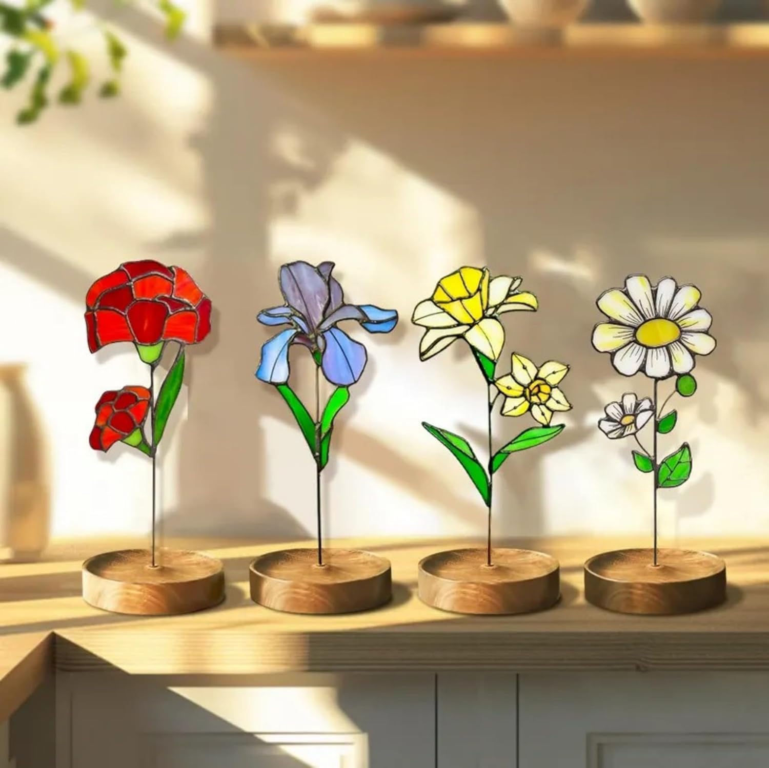 Stained Glass Birth Month Flower, Personalized Birthday Suncatcher, Unique Handmade Floral Decor for Women, Mom, Grandma, Flower Plant Stake