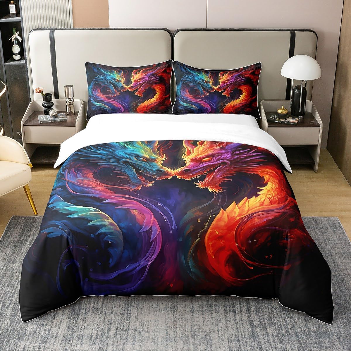 Manfei Dragon Duvet Cover 100% Nature Cotton Twin Size,Watercolor Rainbow Wildlife Safari Animals Comforter Cover (NO Comforter),Mysterious Dragon Abstract Cartoon Graffiti All Season Bedding