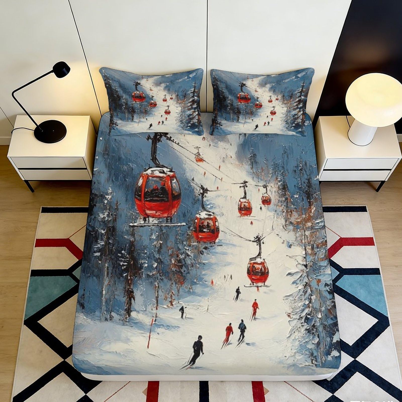 3D Printed Ski Lift Fitted Sheet Microfiber Soft Alpine Snow Landscape Bed Cover for Bedroom Guest Room Decor 90x200x25cm