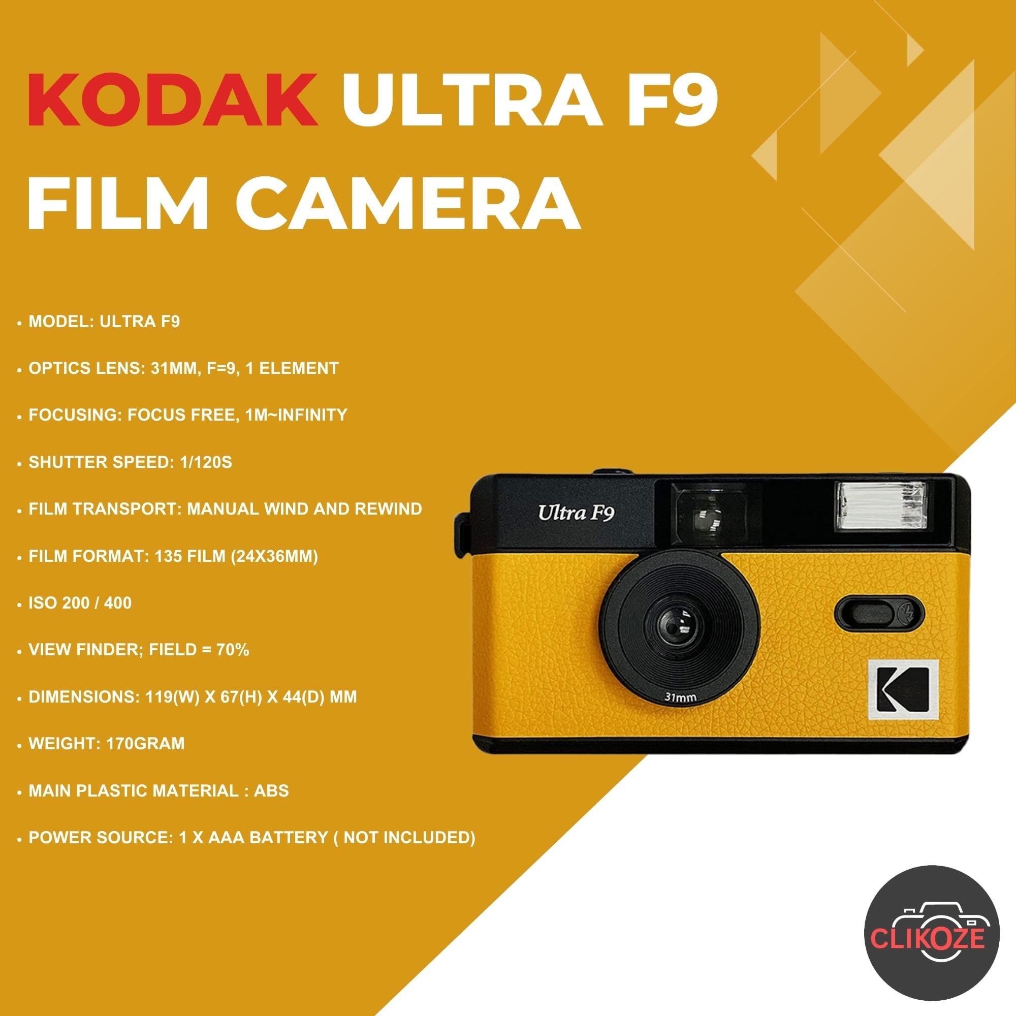 La confezione include una fotocamera a pellicola Kodak Ultra F9 gialla, una pellicola Kodak Ultramax da 35 mm, 36 esposizioni e una scheda di suggerimenti per la fotografia con pellicola Clikoze